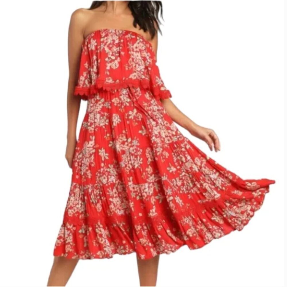 Lulu's Beachy Bliss Red Floral Strapless Tiered Dress M